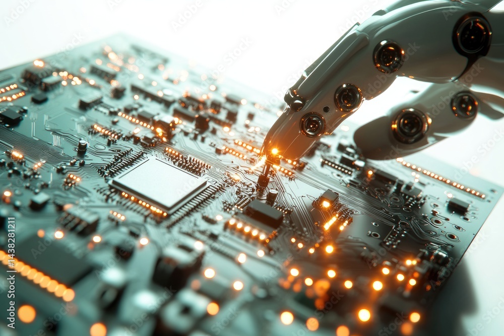 Poster robotic arm precisely installing a microchip onto a circuit board, showcasing advanced automation in