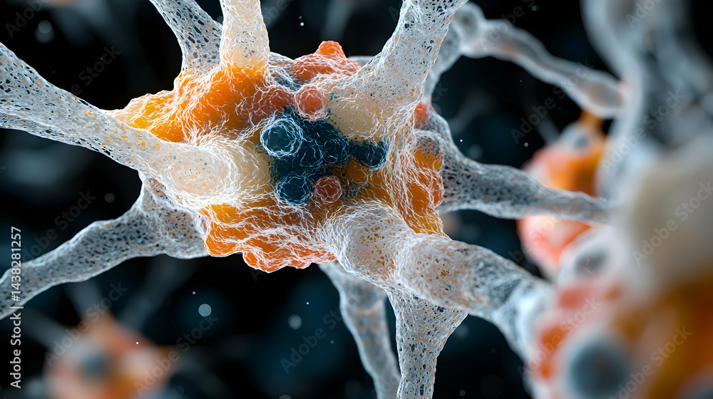 Poster a close-up image of a neuron structure showcases its intricate network. great for scientific illustr
