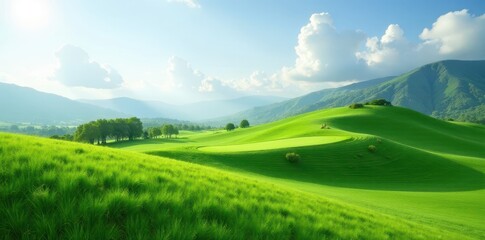 Obraz premium Expansive green lawn slopes to low stone wall , texture, landscaping