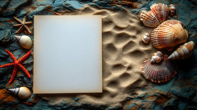 Blank card surrounded by shells and starfish on sand and rock ready for your message