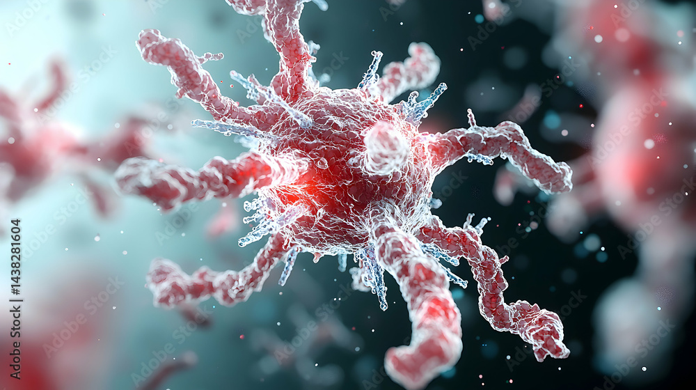 Poster a close-up view of a cellular structure perhaps a cancer cell with visible projections. useful in me