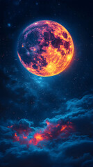 Obraz premium Fiery planet hangs over glowing clouds in the star-filled night sky creating a surreal cosmic scene