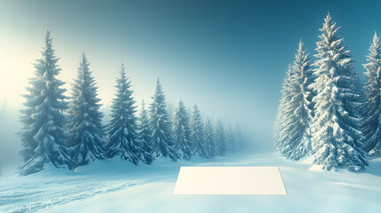 Fototapeta premium Snowy forest path with tall pines leading into the fog with a blank card in the foreground