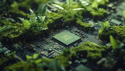 Eco-friendly technology, nature growing on circuit board