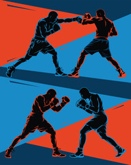 Illustration of two boxers in action with abstract background shapes