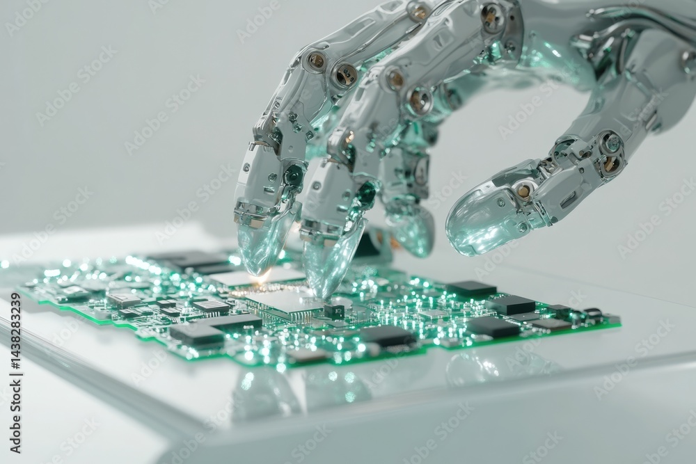 Poster a robotic hand delicately places a microchip onto a circuit board, showcasing advanced automation in
