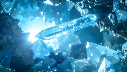 Moonstone Dagger suspended midair within a luminous crystal cavern, shards reflecting soft bluish hues throughout the scene,