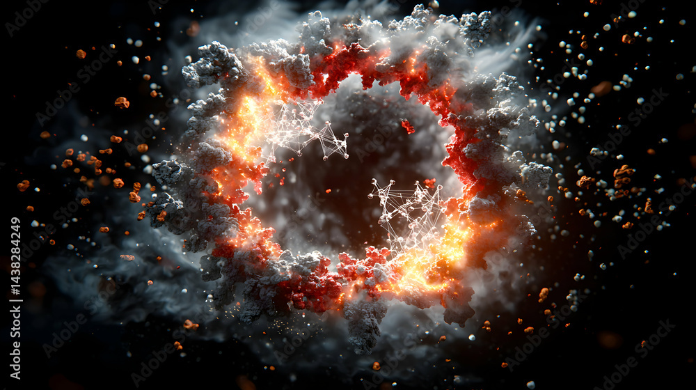 Poster abstract illustration of a fiery explosion or cosmic event. could represent a scientific concept or 