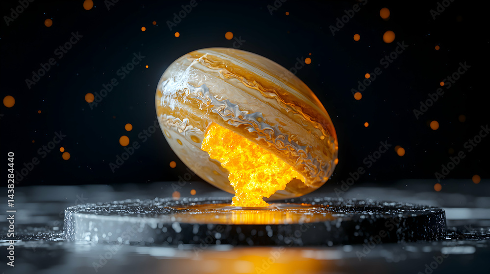 Poster a surreal image depicting a planet-like object erupting with fiery magma. suggests cosmic creation o
