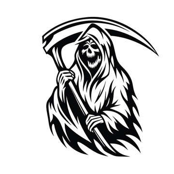 recommend clip art: Black and White Grim Reaper with Hood and Scythe in Striking Silhouette