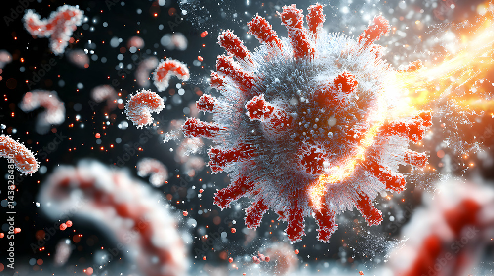 Poster a close-up image showing a virus particle with red spikes and a glowing effect. this could be used i