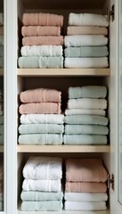 Neatly folded linens stacked in vertical cupboard shelves, clean, interior, storage