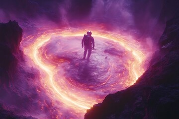 Obraz premium Fantastic Frontiers astronaut floating above neon pink gas giant with radiant solar yellow rings surreal planetary light show in deep cosmic purple space