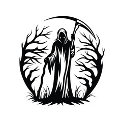 Grim Reaper Silhouette with Scythe and Cane amidst Circle of Bare Branch Trees