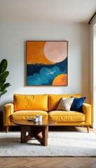 Sleek mid-century sofa, geometric coffee table, abstract art, minimalist living room , living space, coffee table