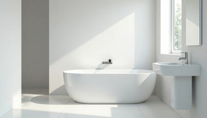 Sleek minimalist bathroom; chrome fixtures, white tile, empty tub, empty, light
