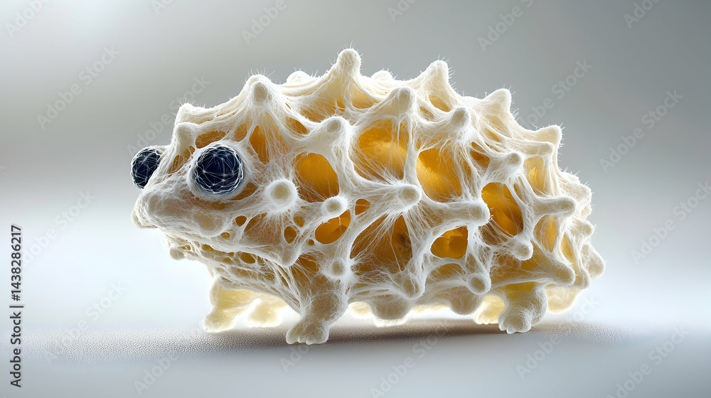 Poster an abstract creature resembling a hedgehog. its textured surface and large eyes give it a distinct a
