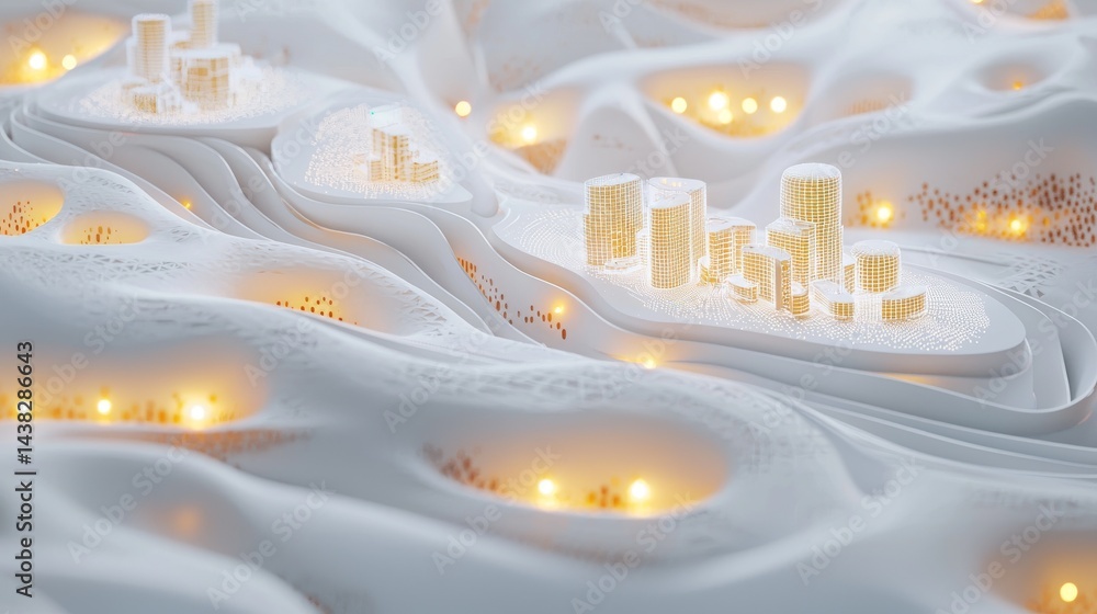 Poster futuristic cityscape with illuminated structures on textured white surface.