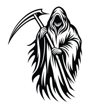 recommend clip art: Grim Reaper Silhouette with Scythe, Death Figure, Black and White Isolated on White