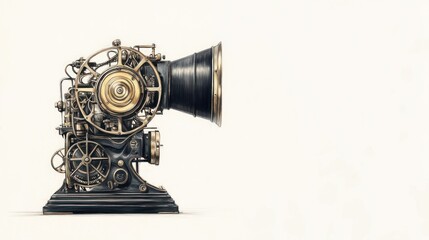 Steampunk projector, white background, invention, technology, film