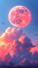 Fototapeta premium Pink moon looms above puffy clouds in a blue sky