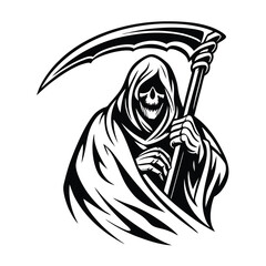 Monochrome Grim Reaper Holding Scythe in Hooded Cloak with Skull Isolated on White