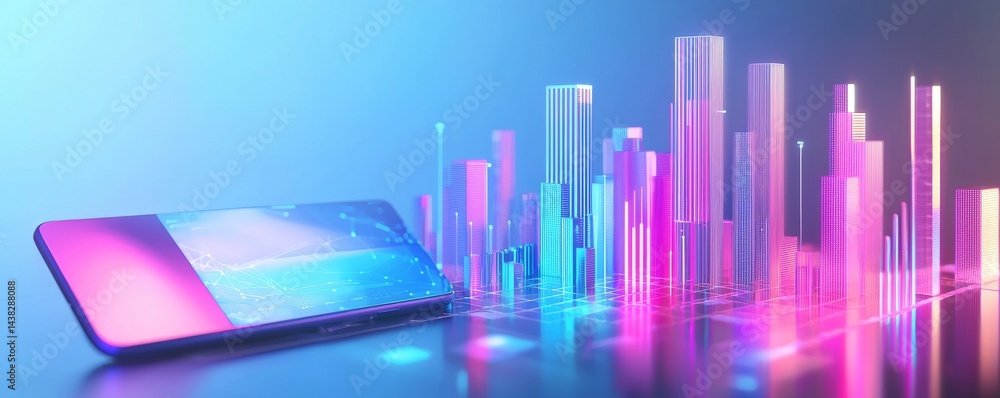 Poster futuristic smartphone displaying vibrant data visualizations and colorful city skyline.