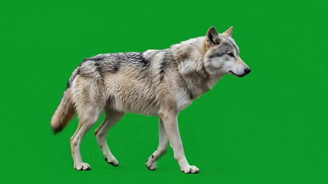 Gray wolf isolated on green screen background wildlife image walking in nature forest predator animal, Generative AI