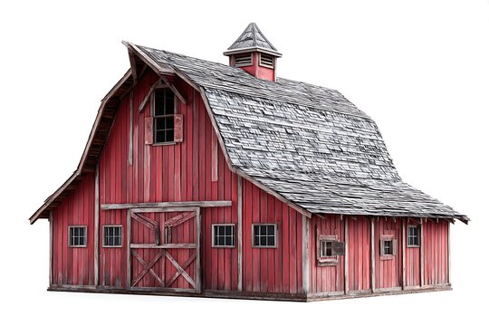 A classic red barn with rustic wood siding, a gambrel roof, and a weathered appearance, isolated on a diffrent collers or white background, representing rural charm. - Powered by Adobe