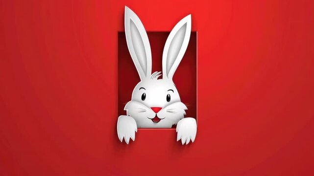 A rabbit is peeking out of a red box. The rabbit is smiling and looking at the camera. The image has a playful and lighthearted mood