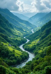 Fototapeta premium A lush green valley with a meandering river flowing through the vibrant landscape Generative AI