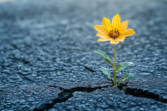 Close-up of a single yellow flower growing through a crack in asphalt, representing new life, hope, and resilience in challenging environments