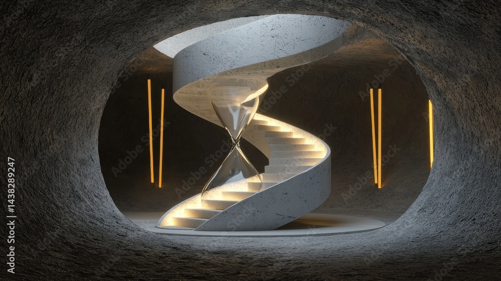 Poster modern spiral staircase design with ambient lighting in a unique architectural space.