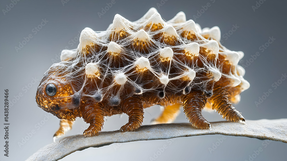 Poster a highly detailed macro shot of a small insect covered in what appears to be protective webbing. app