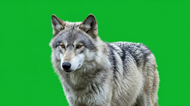 Majestic gray wolf portrait isolated on green screen background animal wildlife, Perfect for visual effects, compositing, film or video projects. Ideal for wildlife documentaries. Generative AI