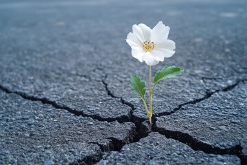 White flower growing on cracked asphalt represents new life and hope for future