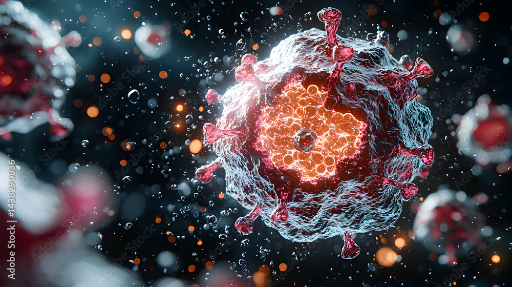 Poster an artistic rendering of a virus. shows detailed structures vibrant colors and surrounding particles