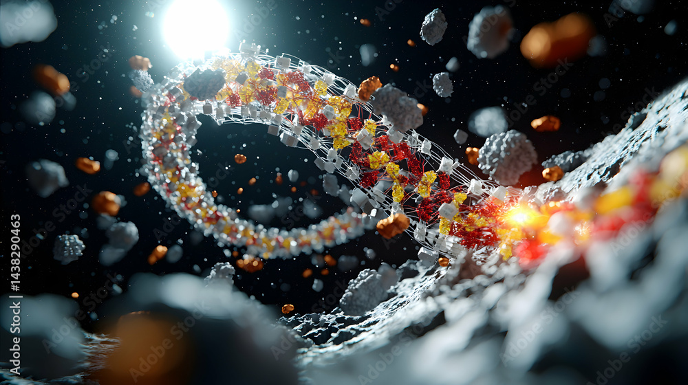 Poster abstract artwork featuring a swirling structure. it resembles a complex molecular pathway suggesting