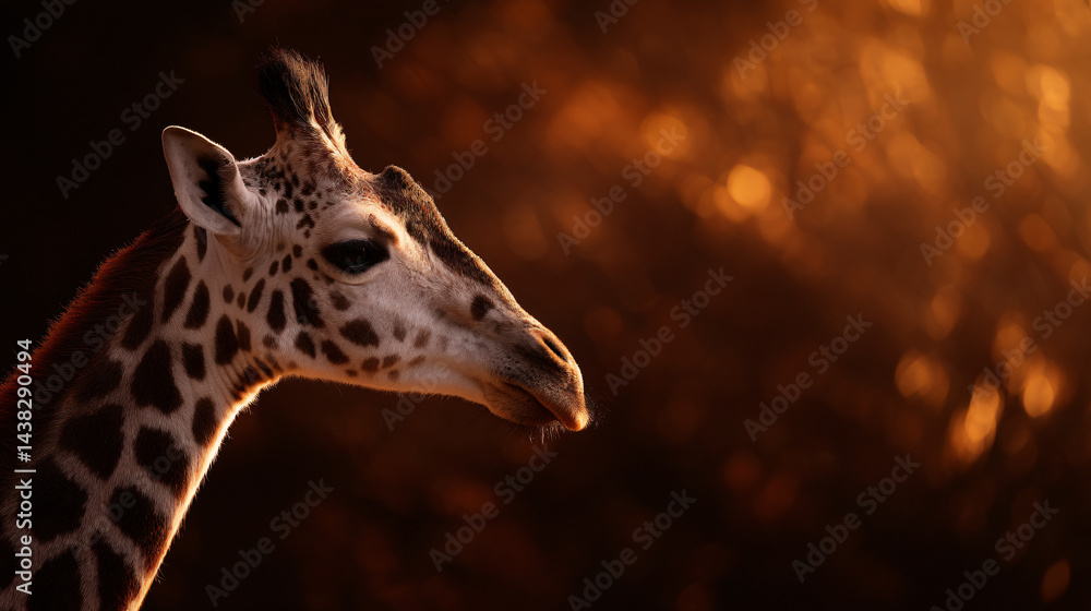 Poster giraffe with unique markings posed in front of a warm backdrop