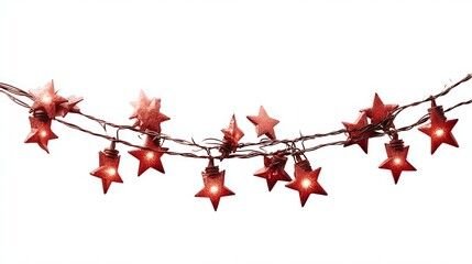 Festive star string lights glowing in red on white background