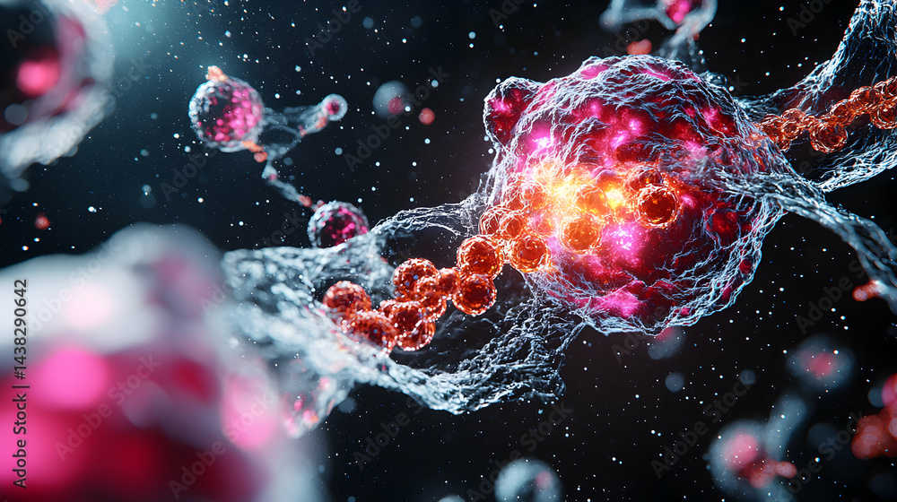 Poster this image depicts a close-up view of cellular structures with vivid colors and a deep background cr