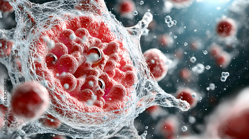 Poster microscopic view of cells. highlighting cell structures and surrounding elements. suitable for educa
