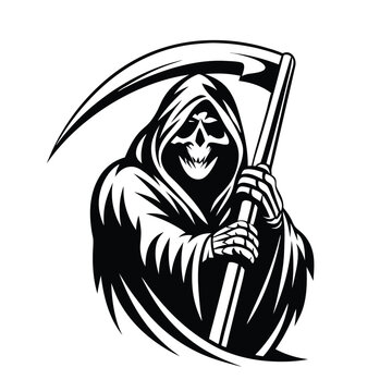 recommend clip art: Grim Reaper Holding Scythe Silhouette, Hooded Death Figure, Black and White