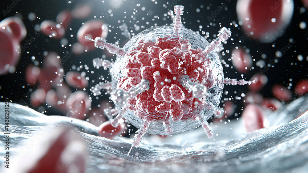 Poster a close-up visualization of a virus attacking a cell or tissue environment. useful for educational p