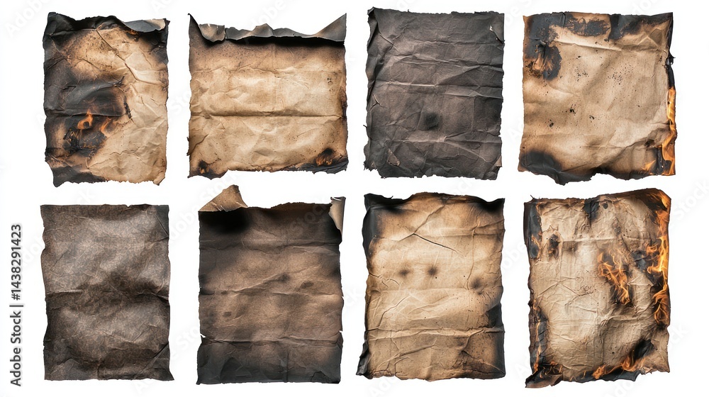 Poster a set of old, burnt and crumpled paper sheets with visible burn marks on white background.