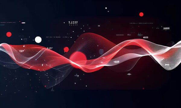 Red and white waves, vector graphic design with a black background, in a futuristic style. The waves are depicted in red and gray colors on the left side of an abstract digital interface.