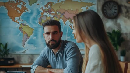 Happy young couple looking at travel destinations in a guidebook, smiling and planning a vacation adventure. Cozy library setting with world map in the background. Concept of romantic trip planning.
