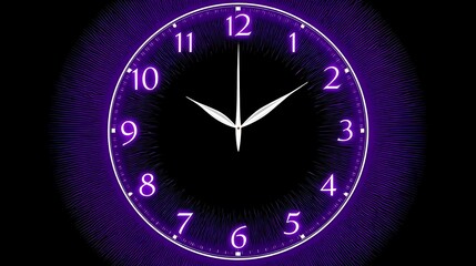 Glowing purple clock face shows time against dark background with radial light bursts