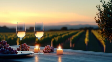 Obraz premium Romantic candlelit dinner by the vineyard, enjoying fine wine under the stars