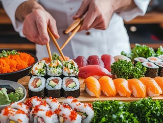 Tourists learning to roll sushi from a skilled chef, handson culinary experience